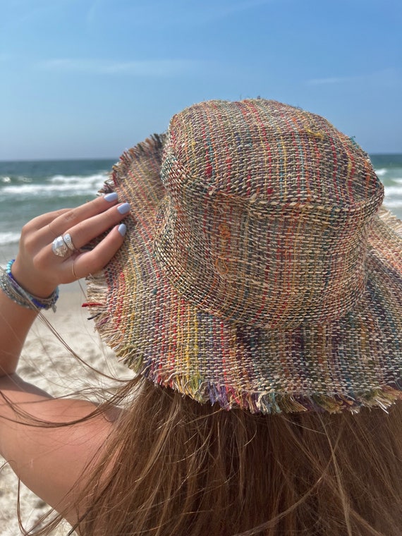Hemp Sun Hat • Unisex Multi Color Beach Hat • Hippie Hat Natural Summer Hat Eco friendly Hat Straw Hat Asatre Stripe Boho Hat