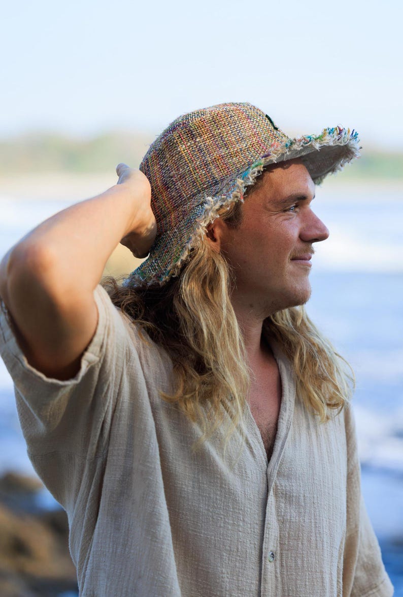 Hampasolhatt • Unisex flerfärgad strandhatt • Hippiehatt Naturlig sommarhatt Miljövänlig hatt Stråhatt Randig bohohatt L