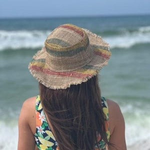 Festival Style Hemp Hat Rasta Inspired Colors Handmade Bohemian Headwear Summer Fashion Accessory Beach Sun Protection Natural Fiber Construction Eco Friendly Material Red Yellow Green Stripes Unisex Design Vacation Essential Travel