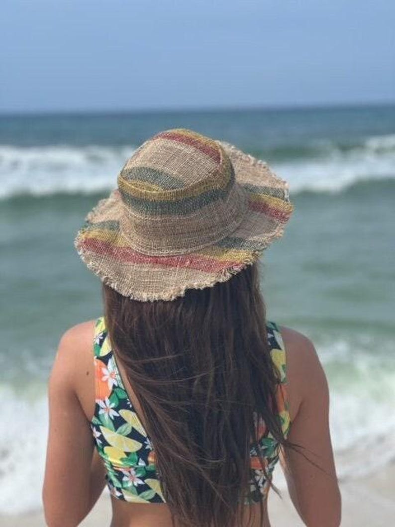 Festival Style Hemp Hat Rasta Inspired Colors Handmade Bohemian Headwear Summer Fashion Accessory Beach Sun Protection Natural Fiber Construction Eco Friendly Material Red Yellow Green Stripes Unisex Design Vacation Essential Travel