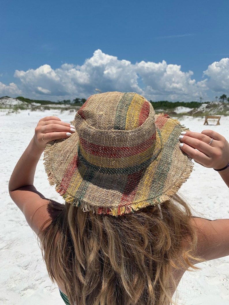 Beach Sun Protection Hemp Hat Natural Fiber Construction Rasta Color Scheme Handmade Design Summer Essential Accessory Festival Wear Option Bohemian Style Headwear Unisex Fashion Piece Red Yellow Green Pattern Sustainable Material Choice