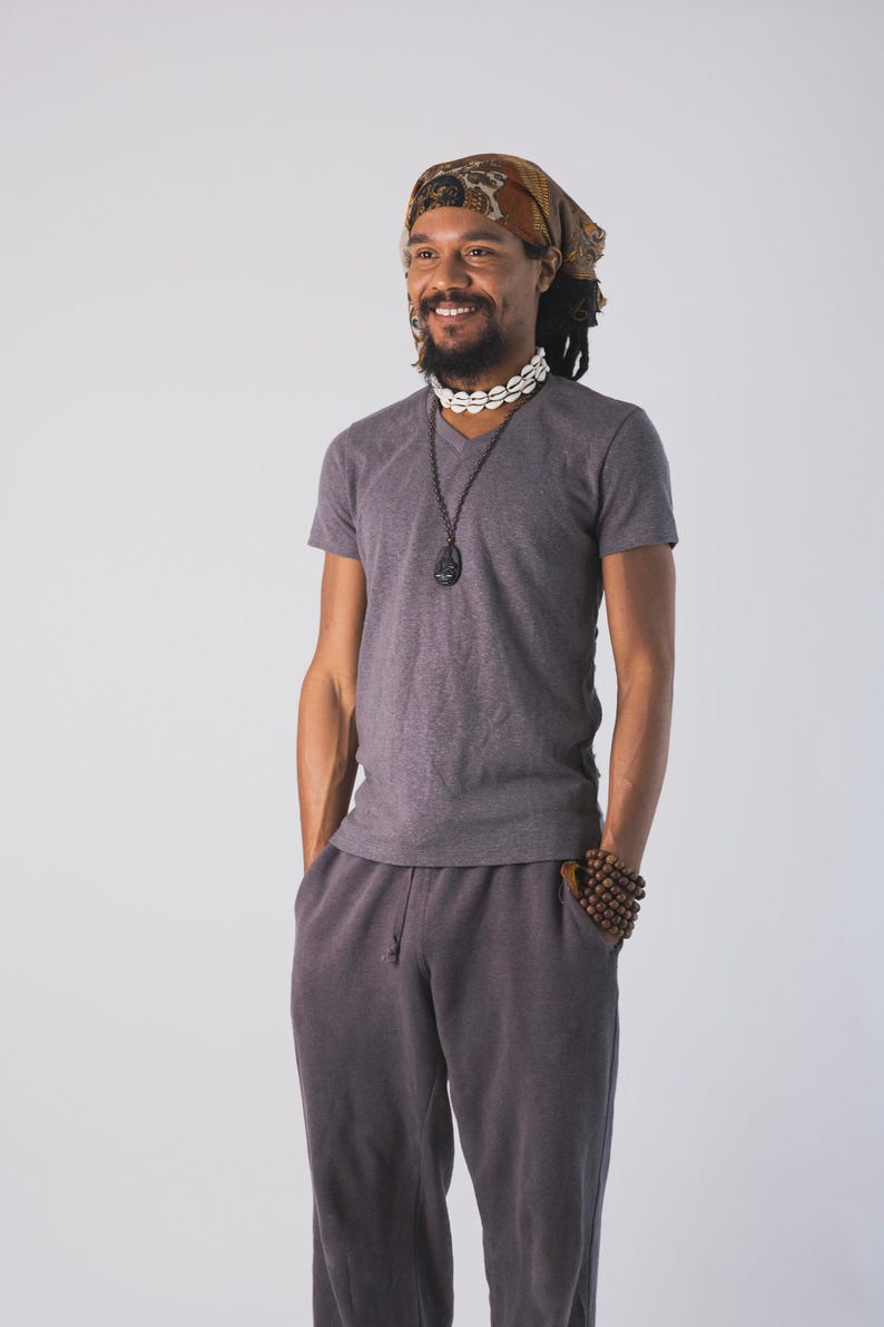 Hemp Vneck Shirt • Slim Fit Design Urban Style Tee • Organic Cotton Outdoor Everyday Casual Wear Eco Friendly Natural Fiber Top Men Clothing Gray