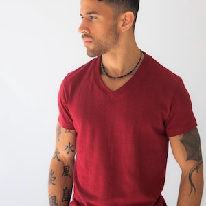 Hemp Vneck Shirt Slim Fit Design Urban Style Tee Organic Cotton Blend Natural Fiber Top Men Clothing Eco Friendly Fashion Sustainable Material Everyday Casual Wear Outdoor Activities Comfortable Layering Piece Modern Look Breathable Fabric