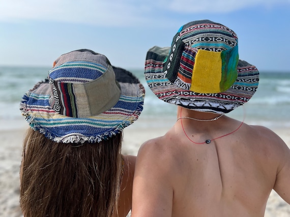 Hemp Patchwork Bucket Hat, Patchwork Sun Hat, Beach Panama Sun Hat