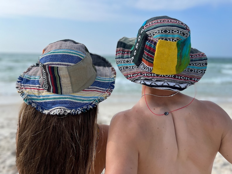 Hemp Patchwork Bucket Hat, Patchwork Sun Hat, Beach Panama Sun Hat, Natural hippie Hat, Unisex, Handmade in Nepal, Eco-friendly Hat image 1