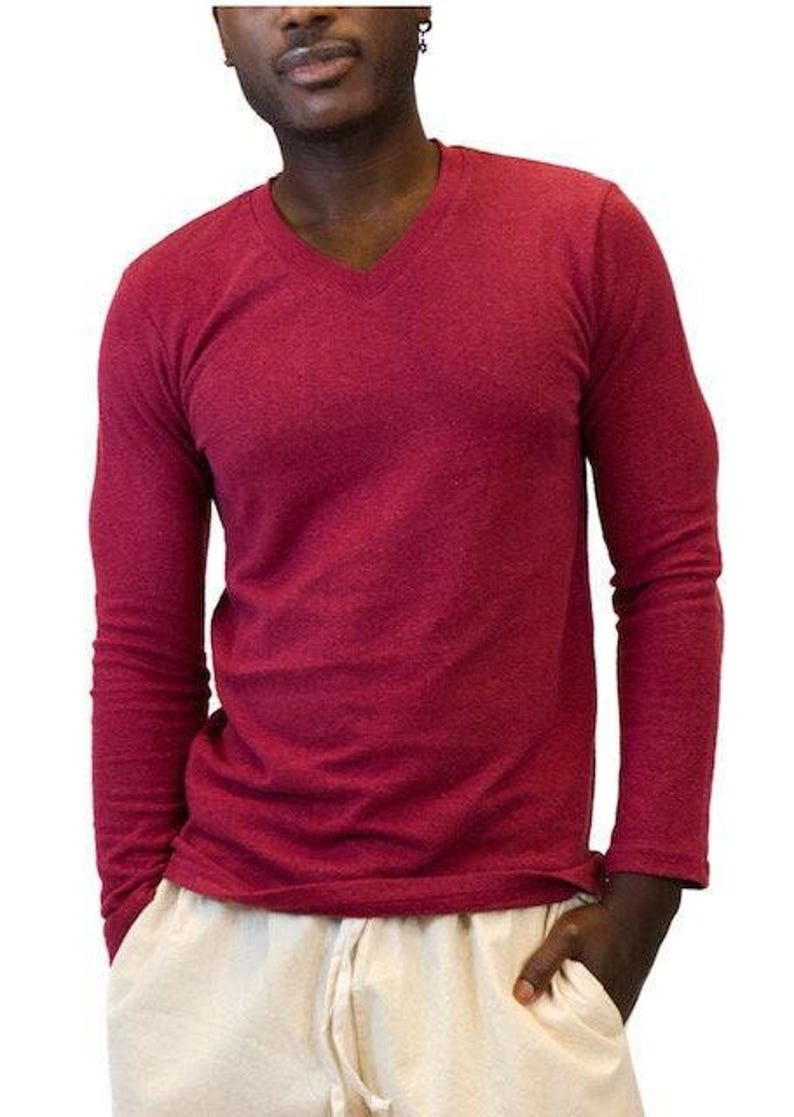 Natural Fiber Shirt Hemp Cotton Blend Vneck Design Mens Activewear Long Sleeve Style Eco Friendly Material Sustainable Fashion Choice Breathable Construction Comfortable Wear Versatile Layering Piece Urban Look Essential Wardrobe Item