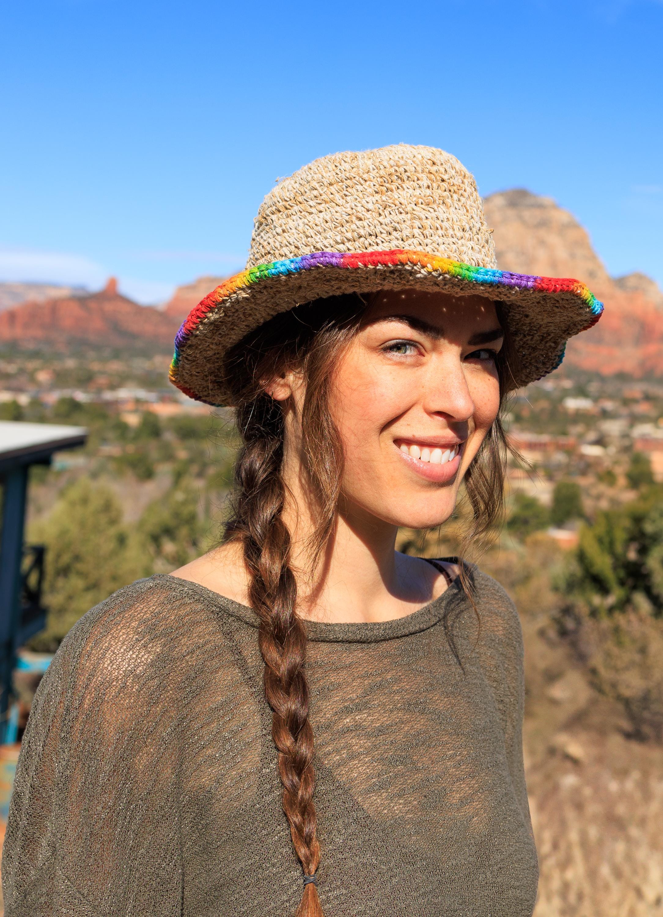 Hemp Sun Hat, Crochet Eco-Friendly Wide Brim Beach Hat with Rainbow Trim, Unisex Travel Festival Hat, Handmade Natural Rainbow Hemp Hat
