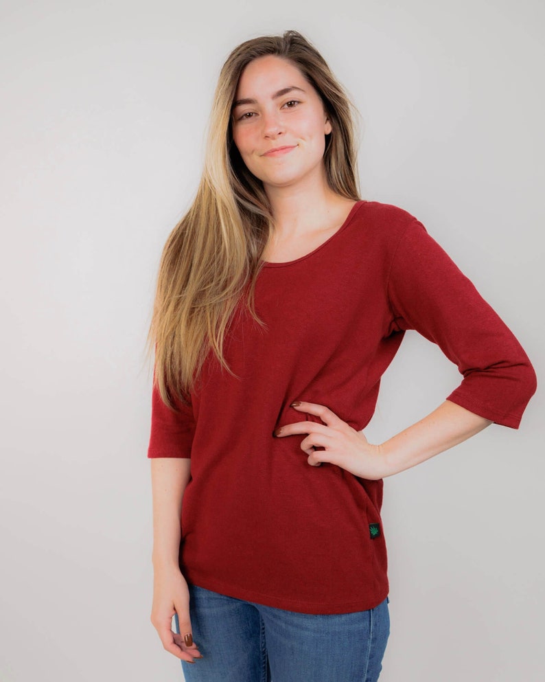 Hemp and Organic Cotton Shirt, Three-Qtr Length Sleeve Scoop Neck Hemp Shirt, Women's Hemp Clothing Burgundy