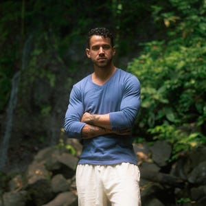 Hemp Vneck Shirt Organic Cotton Blend Sustainable Fabric Long Sleeve Casual Top Natural Fiber Breathable Material Durable Construction Eco Friendly Fashion Ethical Clothing Men Activewear Essential Layering Piece Versatile Style Urban Look