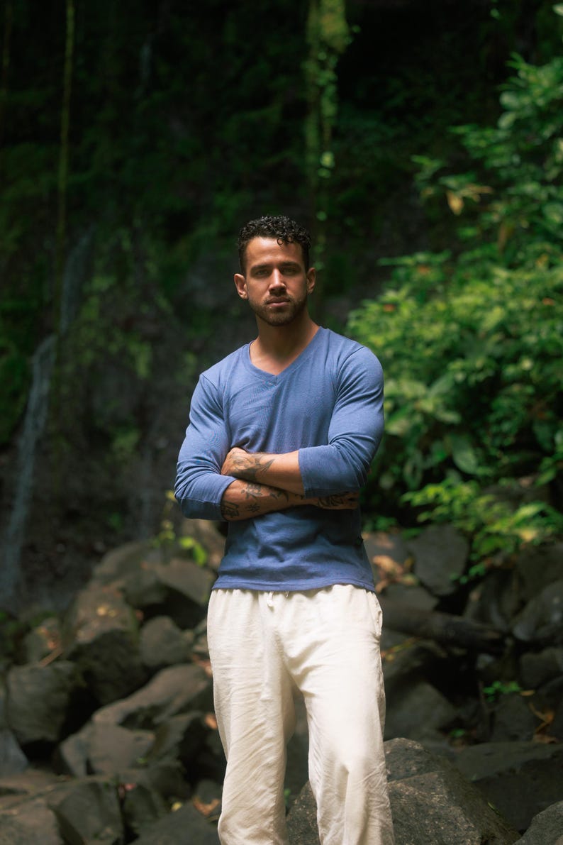 Hemp Vneck Shirt Organic Cotton Blend Sustainable Fabric Long Sleeve Casual Top Natural Fiber Breathable Material Durable Construction Eco Friendly Fashion Ethical Clothing Men Activewear Essential Layering Piece Versatile Style Urban Look