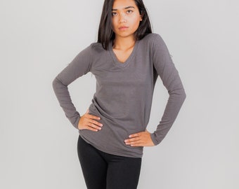 Hemp and Cotton Layering Shirt - Stretch Long Sleeve V-Neck Top|Hemp Outdoor Shirt|Fitted Stretch Top