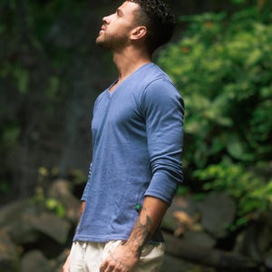 Mens Activewear Hemp Shirt Long Sleeve Vneck Design Organic Cotton Material Eco Friendly Construction Sustainable Fashion Choice Natural Fiber Garment Breathable Fabric Versatile Layering Piece Casual Attire Outdoor Activities Urban Style