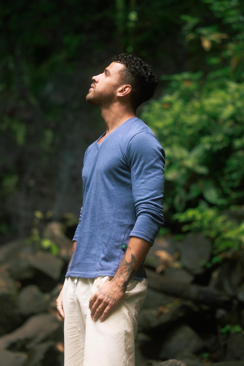 Mens Activewear Hemp Shirt Long Sleeve Vneck Design Organic Cotton Material Eco Friendly Construction Sustainable Fashion Choice Natural Fiber Garment Breathable Fabric Versatile Layering Piece Casual Attire Outdoor Activities Urban Style