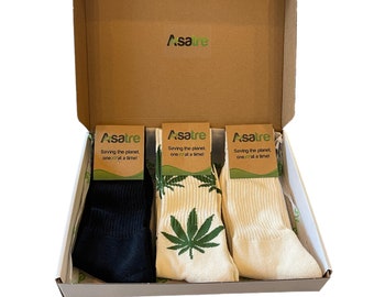 Calcetines de pantorrilla de cáñamo y algodón orgánico para hombre, calcetines de hoja de cáñamo, caja de regalo para hombre, calcetines de senderismo de cáñamo Asatre