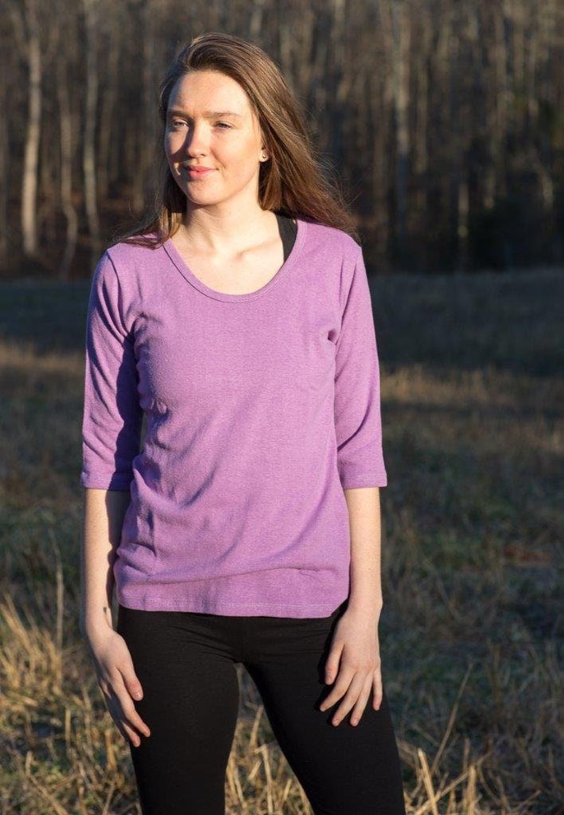 Hemp and Organic Cotton Shirt, Three-Qtr Length Sleeve Scoop Neck Hemp Shirt, Women's Hemp Clothing Lilac