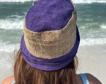 Hemp Bucket Hat, Beach Panama Sun Hat, Natural hippie Hat, Unisex, Handmade in Nepal, Eco-friendly Purple Stripe, Mauve Stripe Asatre Hat