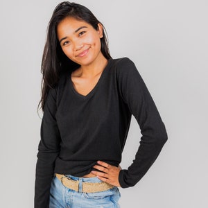 Womens Hemp Long Sleeve Jersey VNeck Shirt Ecofriendly Hemp and Organic Cotton Shirt