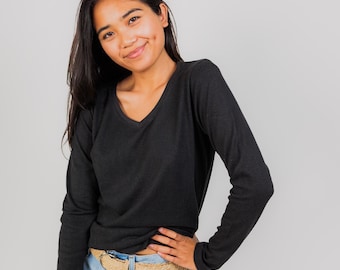 Women's Hemp Long Sleeve Jersey V-Neck Shirt, Eco-friendly Hemp and Organic Cotton Shirt