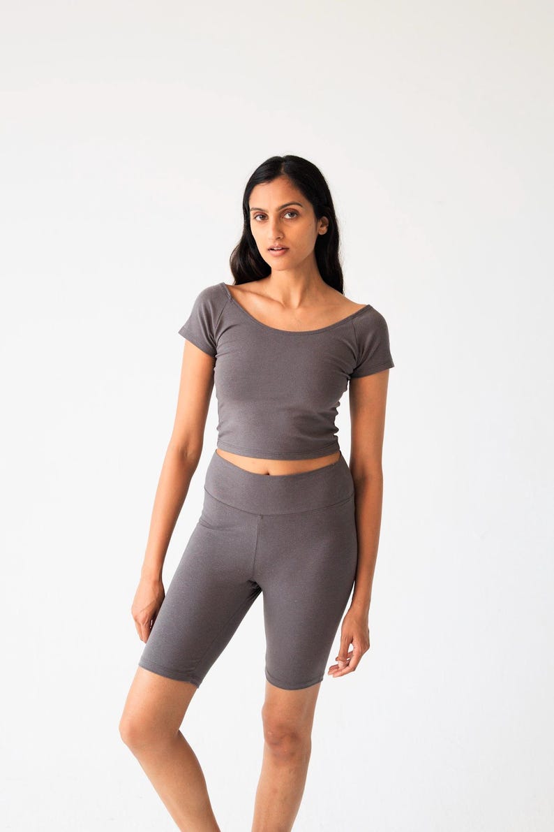 Hemp Crop Top Sustainable Clothing Natural Fabric Yoga Shirt Eco Friendly Breathable Material Workout Top Athletic Wear Fitness Apparel Scoop Neck Design Short Sleeves Fitted Midriff Multiple Colors Available Soft Comfortable Stretchy UV