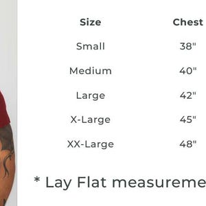 May include: A short-sleeved, V-neck t-shirt in a solid dark red color. Next to the shirt is a size chart with columns for Size, Chest, and Length in inches, listing measurements for Small through XX-Large, labeled as *Lay Flat measurement.