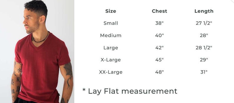 May include: A short-sleeved, V-neck t-shirt in a solid dark red color. Next to the shirt is a size chart with columns for Size, Chest, and Length in inches, listing measurements for Small through XX-Large, labeled as *Lay Flat measurement.