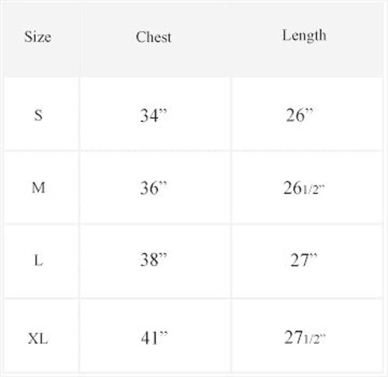 May include: Size chart showing chest and length measurements in inches for sizes S, M, L, and XL.