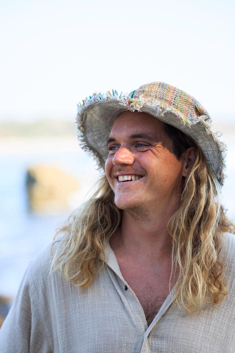 Hampasolhatt • Unisex flerfärgad strandhatt • Hippiehatt Naturlig sommarhatt Miljövänlig hatt Stråhatt Randig bohohatt bild 13