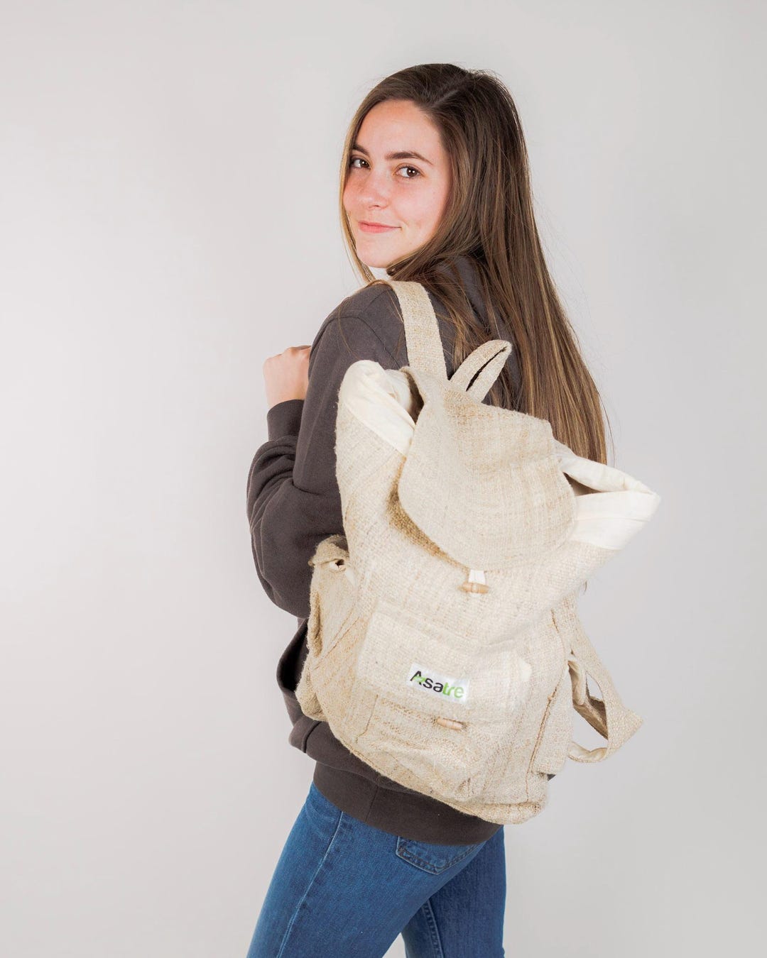 Handmade Hemp Backpack Daypack Lightweight Boho Unisex Travel Purse KayJayStyles Handmade Natural Hemp Nepal Backpack Purse for  main image 2