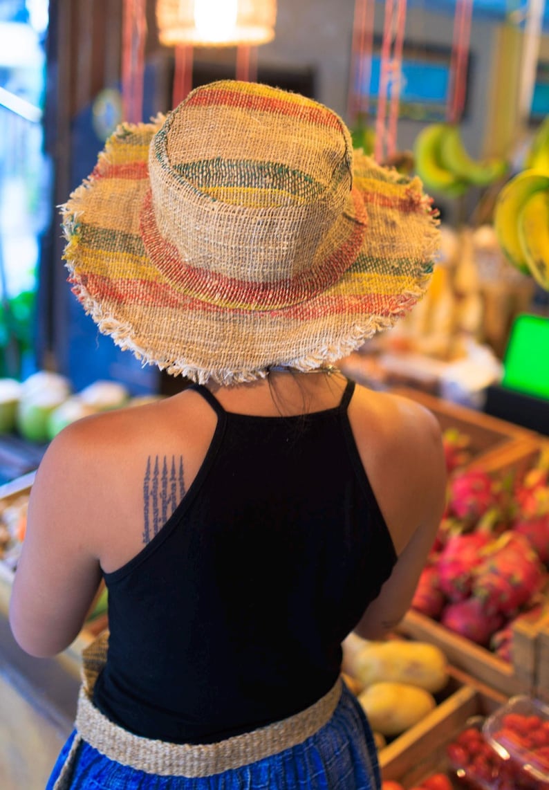 Hemp Sun Hat Natural Fiber Handmade Design Rasta Colors Striped Pattern Red Yellow Green Combination Beach Protection Accessory Festival Style Fashion Bohemian Headwear Summer Essential Unisex Wear Eco Friendly Material Sustainable Fashion