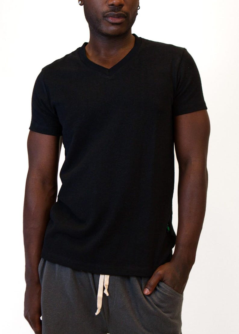 Hemp Vneck Shirt • Slim Fit Design Urban Style Tee • Organic Cotton Outdoor Everyday Casual Wear Eco Friendly Natural Fiber Top Men Clothing Black
