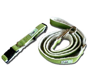 Hemp Fleece Lined Green Dog Collar and Leash Set|Hemp Soft Pet Collar and Leash Bundle