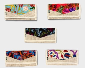 Embroidered Hemp Wallet: Handmade Floral Purse, Vegan Tri-Fold Design