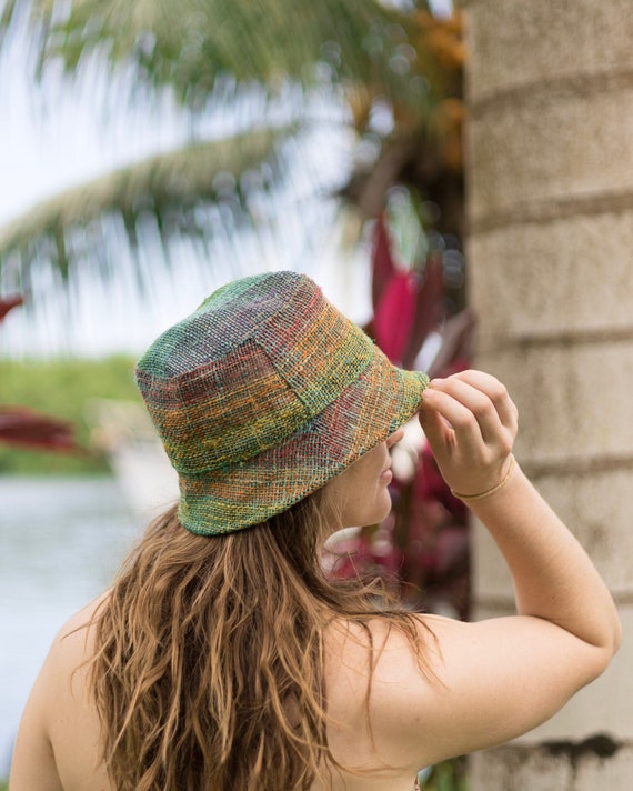 Hemp Rainbow Bucket Hat, Beach Panama Sun Hat, Natural Hippie Hat