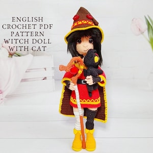 crochet witch doll pattern, amigurumi doll pattern, crochet anime doll tutorial, witch doll with cat, eng PDF doll amigurumi pattern
