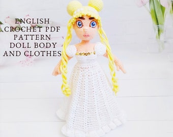 Crochet doll pattern, moon amigurumi doll, sailor doll pattern, princess doll pattern, PDF doll amigurumi pattern, anime amigurumi pattern