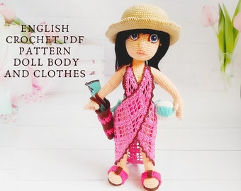 crochet doll pdf pattern, doll bikini amigurumi pattern, beach outfit for doll, doll clothes pattern, doll in removable clothes, swimsuit