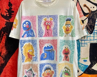 Camiseta vintage de los 90 con estampado completo de la serie de dibujos animados estadounidense de los 90 para niños, estilo pop art, cultura pop, dibujos animados vintage, talla L