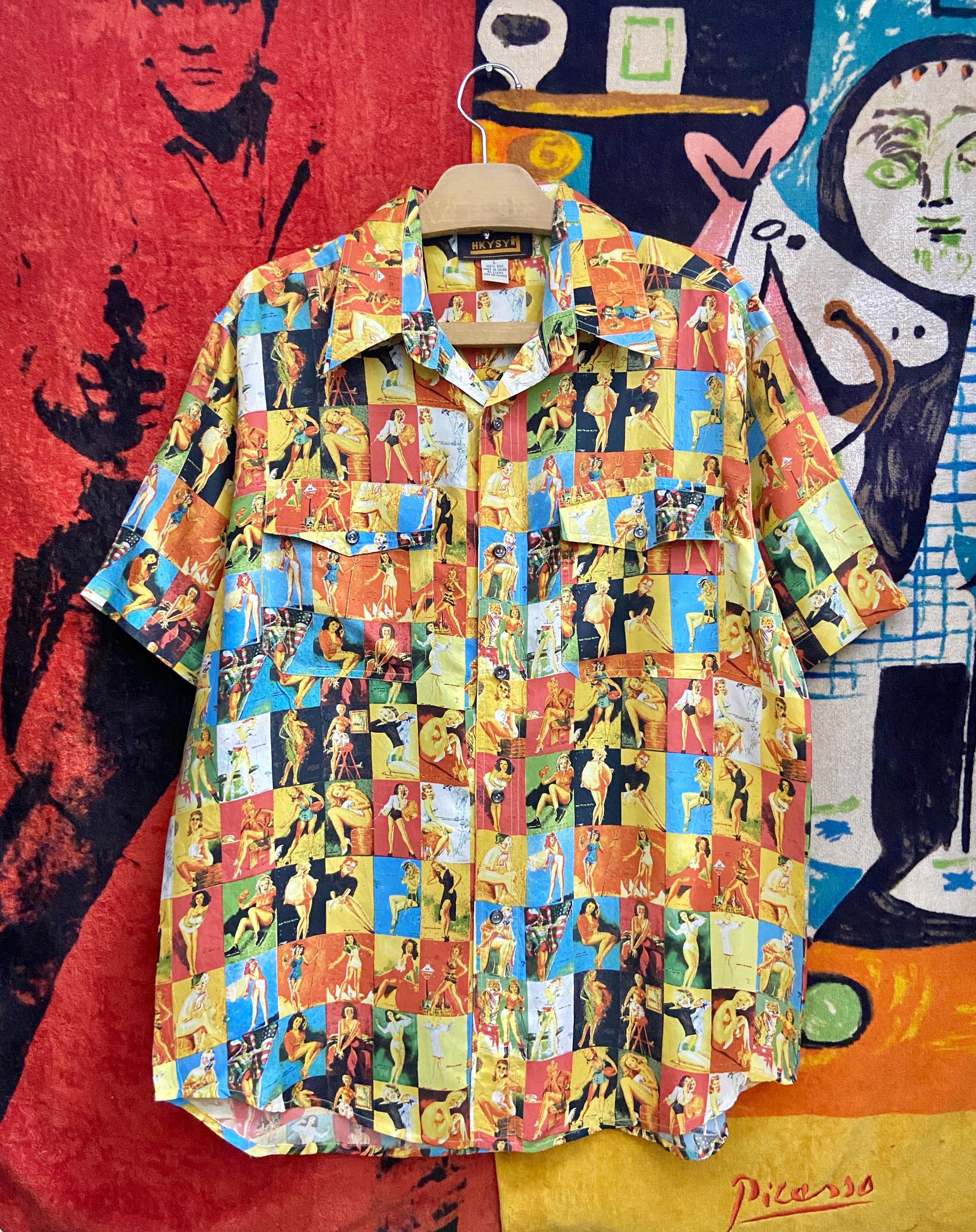 Vintage 80s Classic Collage Silk Button Down Playboy Magazine Art