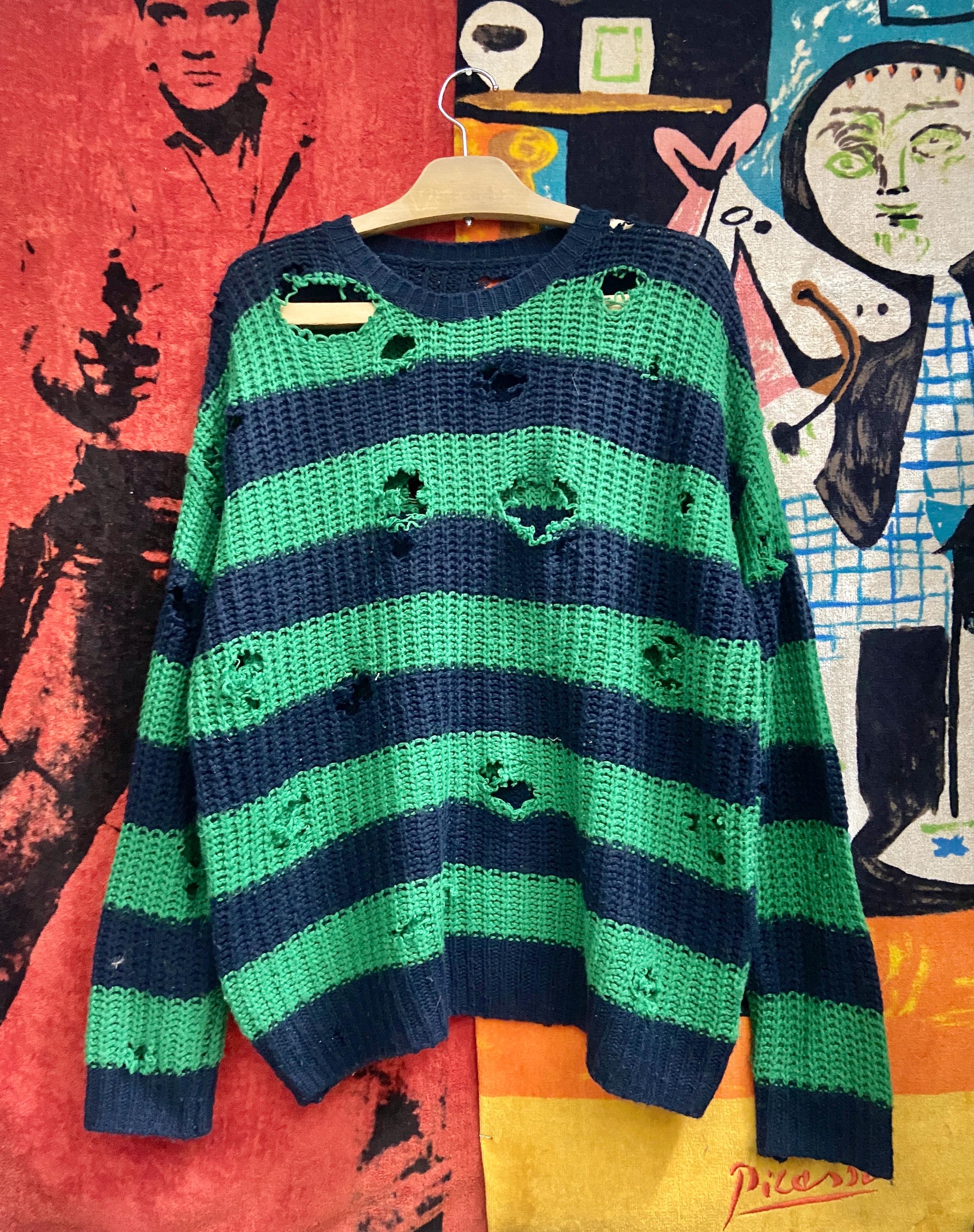 Vintage Distressed Striped Knitted Grunge Rock Punk Style Pull 