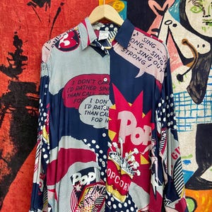 Vintage 90s Pop Art Colorblock Button Down Roy Lichtenstein Art Long Sleeves Rayon T Shirt / Punk Style / Vintage Pop Art T Shirt Size L
