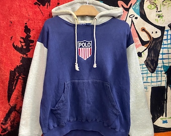 Sudadera con capucha bicolor Ralph Lauren RL con logotipo suizo de Polo K vintage de los años 90 / Estilo hip hop clásico / Moda Lo Life / Polo Stadium talla M