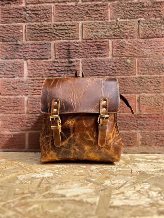 distressed brown leather backpack Buffalo for Men & Women | Sheldon Leather trolley strap Brown Leather Zip Backpack |