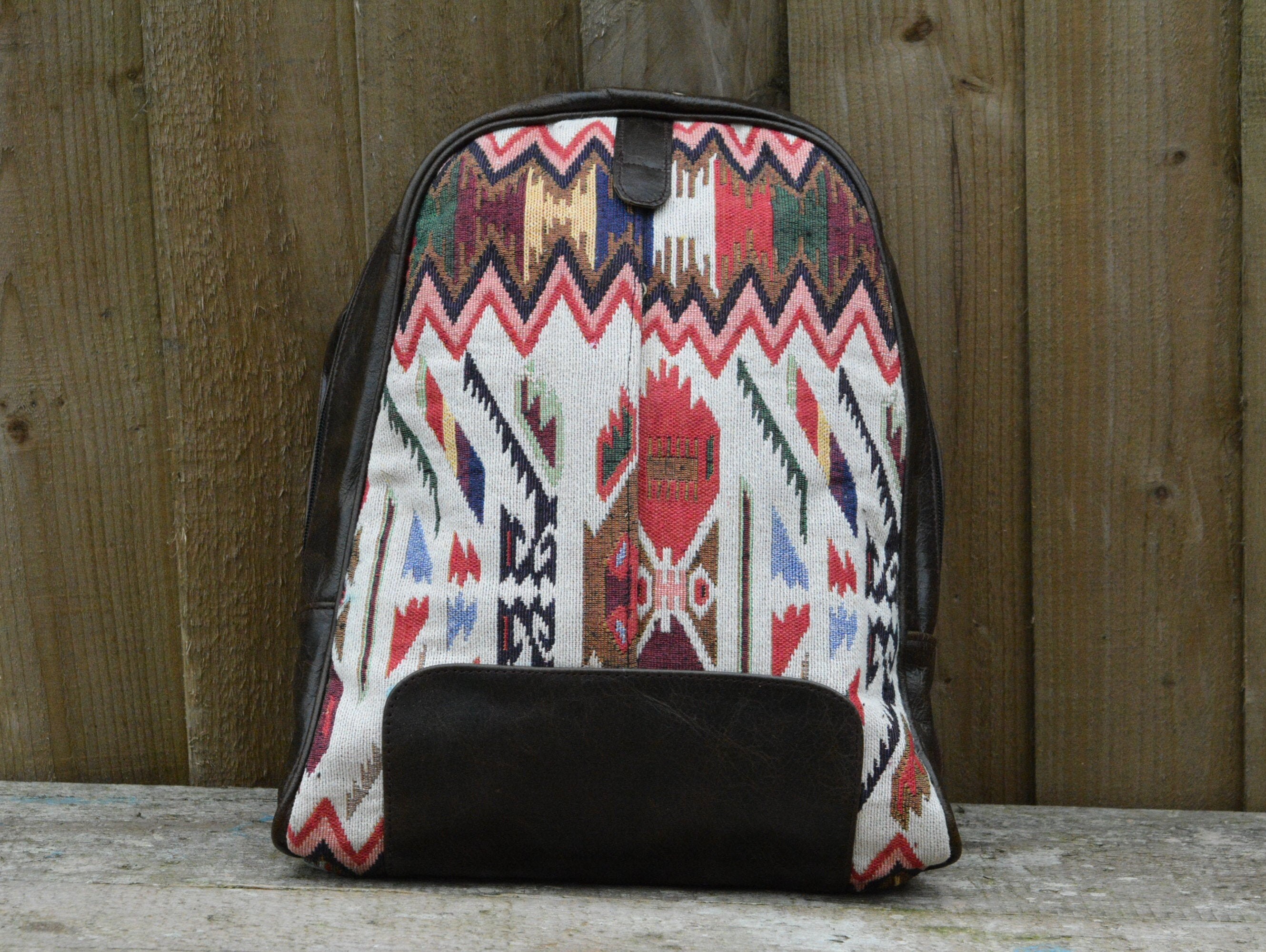 Handmade Vintage Style Boho Aztec Leather & Kilim backpack Aztec Kilim Leather Backpack: Vintage Women main image 2