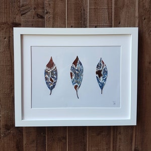 Framed Handmade Blue Gold and White  Acrylic Painting Pigment Ink  Autumn Leaves Home Decor Wall Art,Mothers day Gift