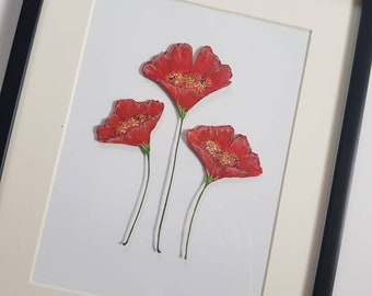 Red Poppies Flowers Ginkgo  Biloba Leaves Acrylic  Painted in Black  Frame, Home Decor, Wall Art Unique Gift Idea