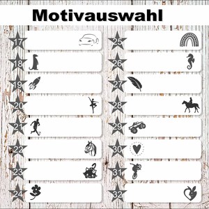 May include: A white background with a wooden texture.  There are 16 white rectangular boxes with black numbers and black icons inside each box.  The numbers range from 17 to 32.  The icons include a car, a rocket, a ballerina, a football player, a horse, a cat, a flower, a rainbow, a seahorse, a feather, a horse rider, a monster truck, a heart, a bicycle, and a bunny.