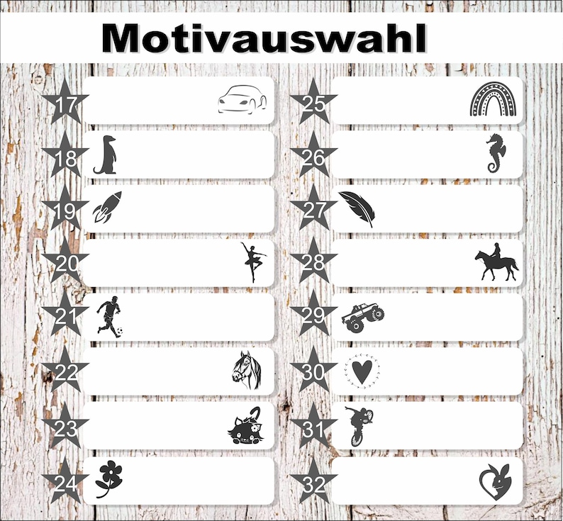 May include: A white background with a wooden texture.  There are 16 white rectangular boxes with black numbers and black icons inside each box.  The numbers range from 17 to 32.  The icons include a car, a rocket, a ballerina, a football player, a horse, a cat, a flower, a rainbow, a seahorse, a feather, a horse rider, a monster truck, a heart, a bicycle, and a bunny.