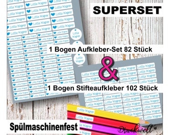 Super sticker set, 184 pieces | Labels | No paper or foil | School & kindergarten | Waterproof and dishwasher safe | Back-to-school gift