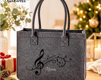 Personalisierte Filztasche mit Musikmotiv und Wunschname – Geschenk für Musiker und Musikliebhaber – Filzshopper