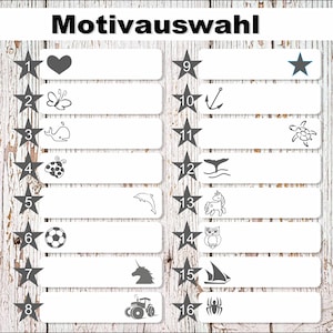May include: A selection chart titled Motivauswahl featuring sixteen numbered rows, each marked with a dark grey star. The rows display various icons including a heart, butterfly, whale, ladybug, dolphin, football, unicorn, tractor, anchor, turtle, whale tail, unicorn, owl, sailboat, and spider.